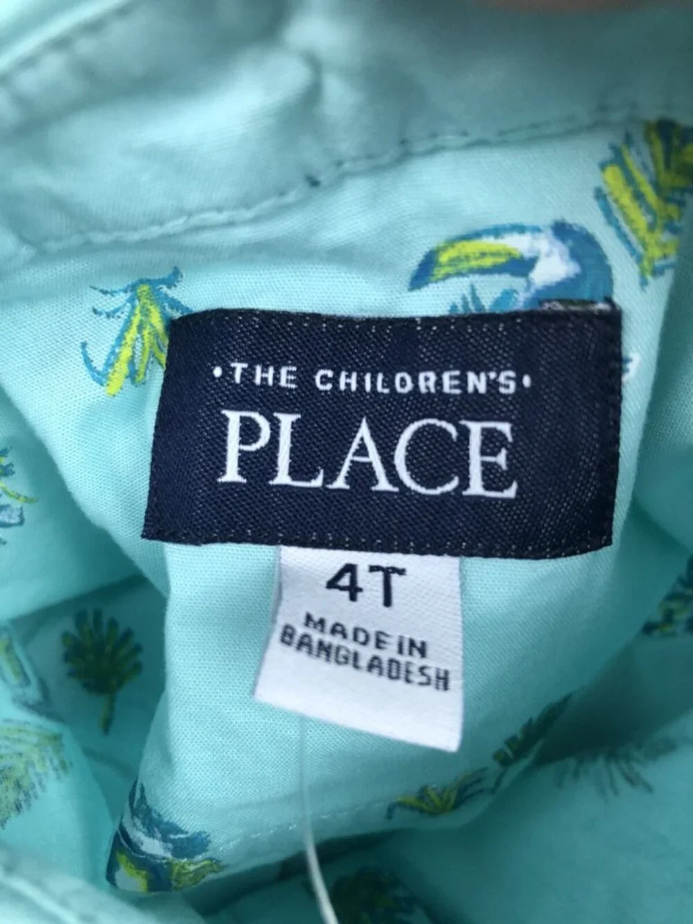 The Children’s Place Boys Size 4T (fits 4/5) Blue Aqua Button Up Shirt Parrots